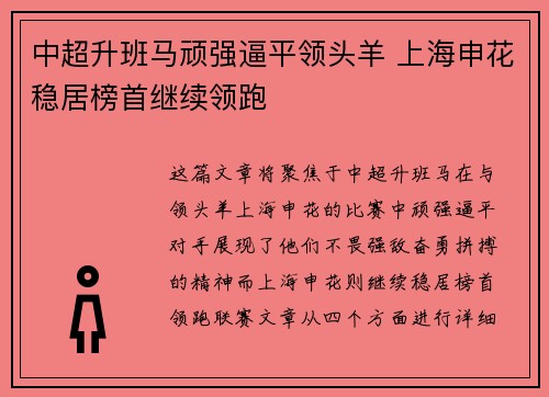 中超升班马顽强逼平领头羊 上海申花稳居榜首继续领跑