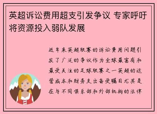 英超诉讼费用超支引发争议 专家呼吁将资源投入弱队发展